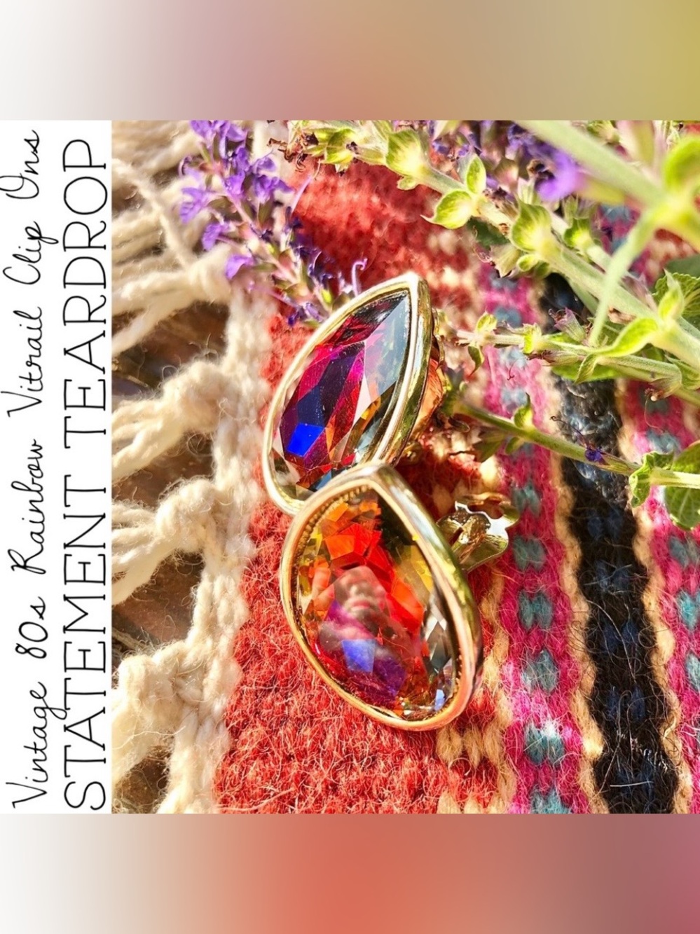 Vintage 80s Rainbow Vitrail Statement Teardrop Clip Ons